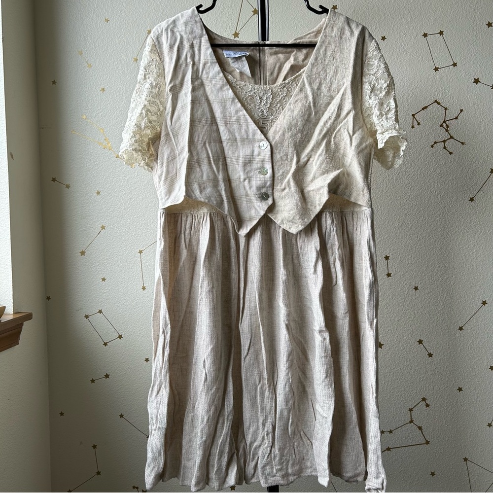 Vintage K.C. Spencer Cream/Beige Midi Dress w/Lace Short Sleeves